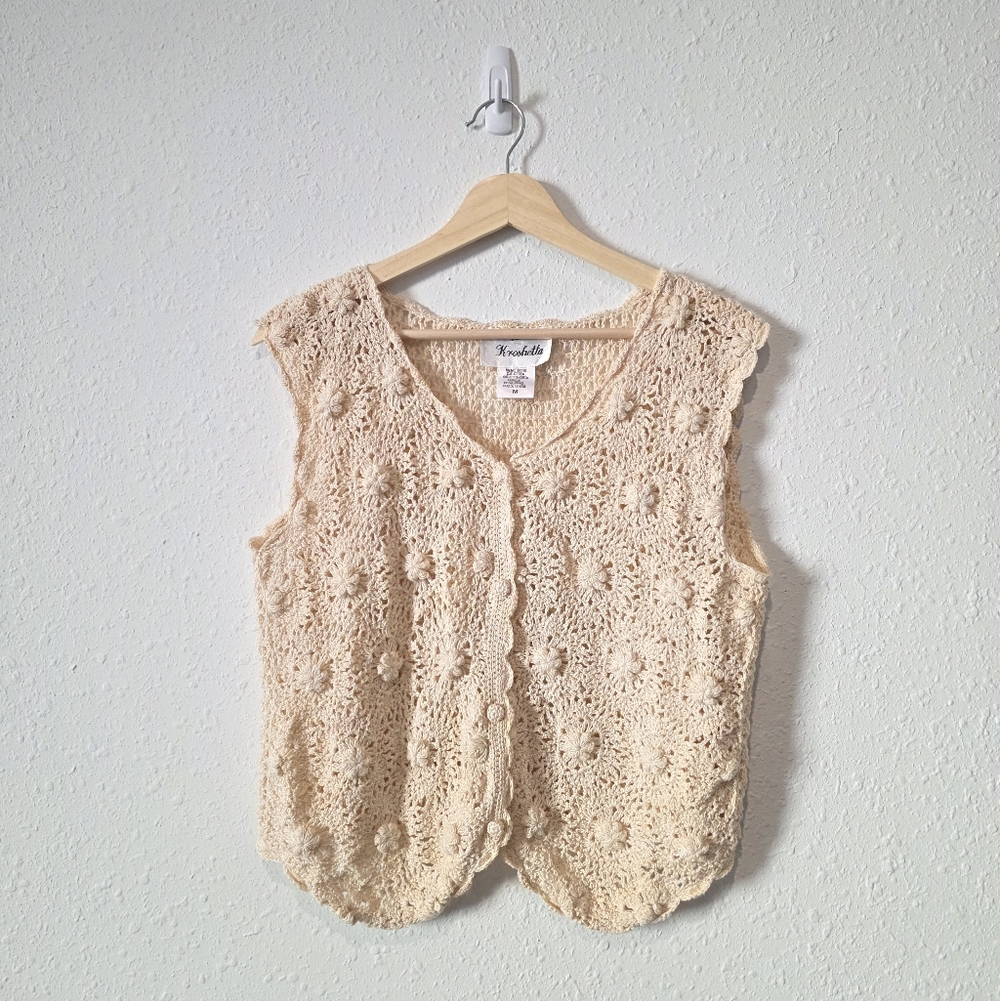 Vintage Cream Floral Crochet Button Up Vest M - Picture 2 of 6